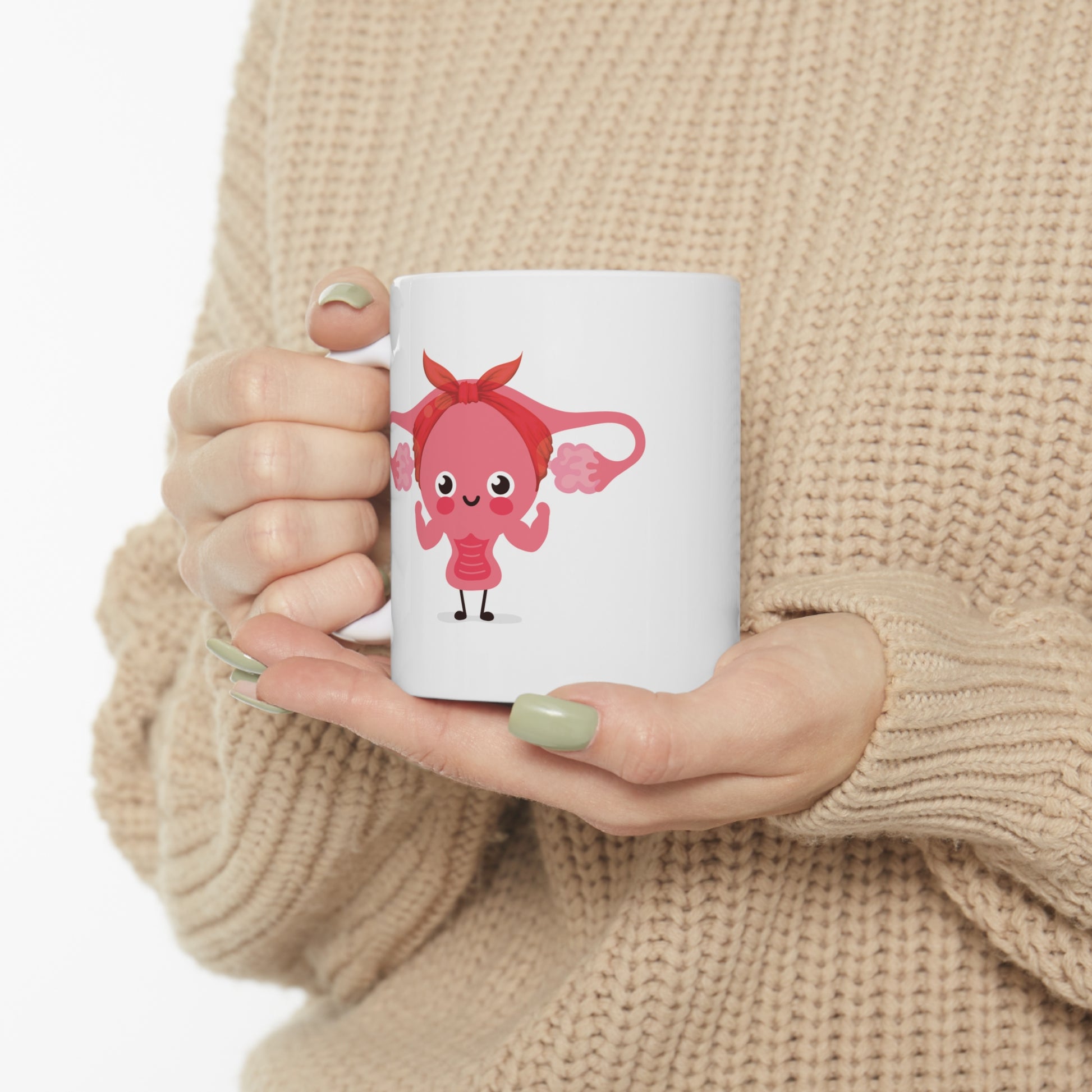 Chloe the Cuterus White Glossy Mug Modeled in context