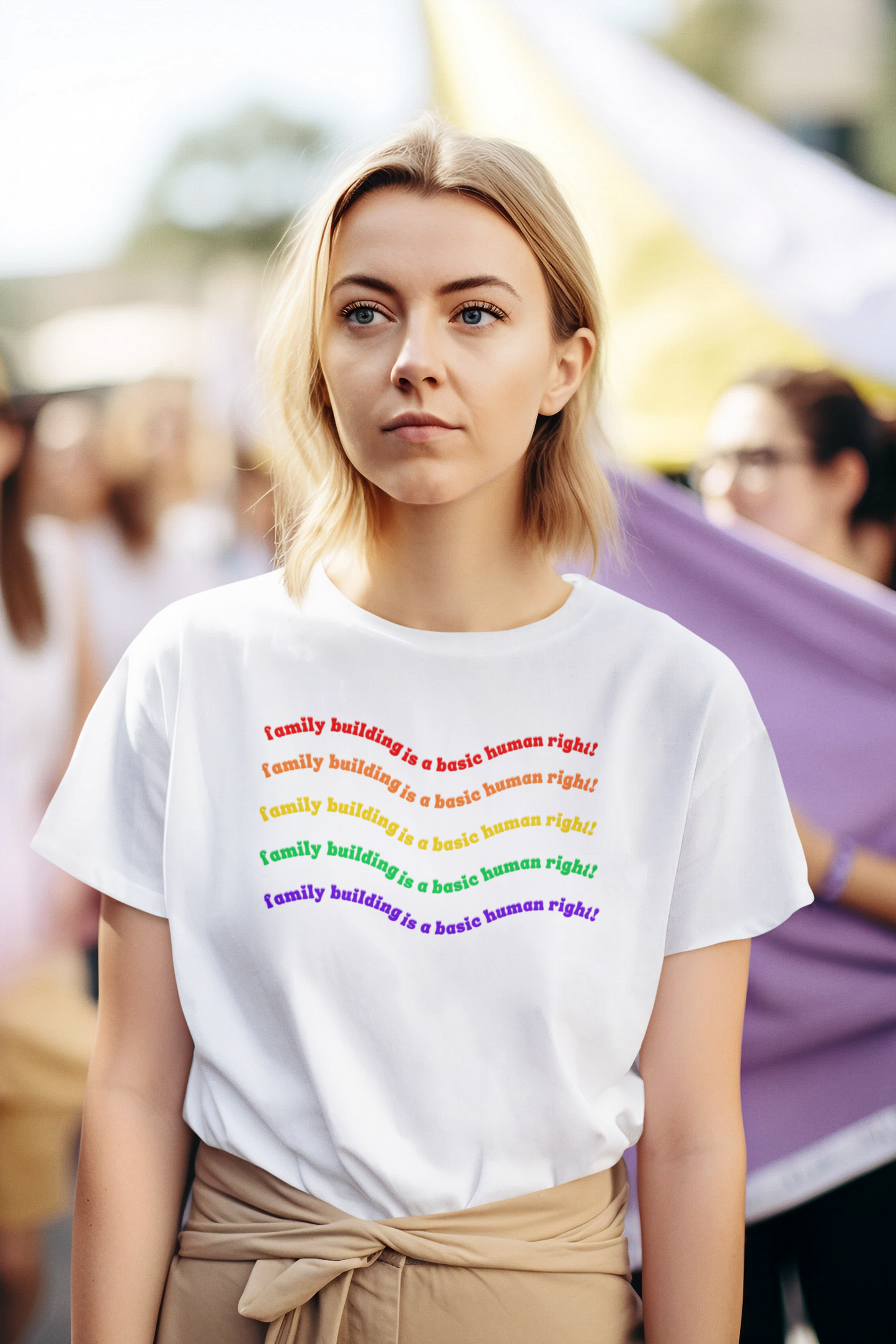“Family Building: A Basic Human Right” Unisex T-Shirt Feature on Woman