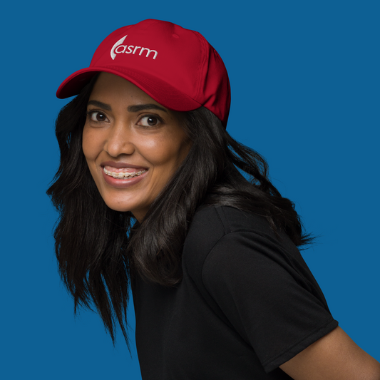 ASRM Logo Embroidered Hat hero image modeled in Cranberry