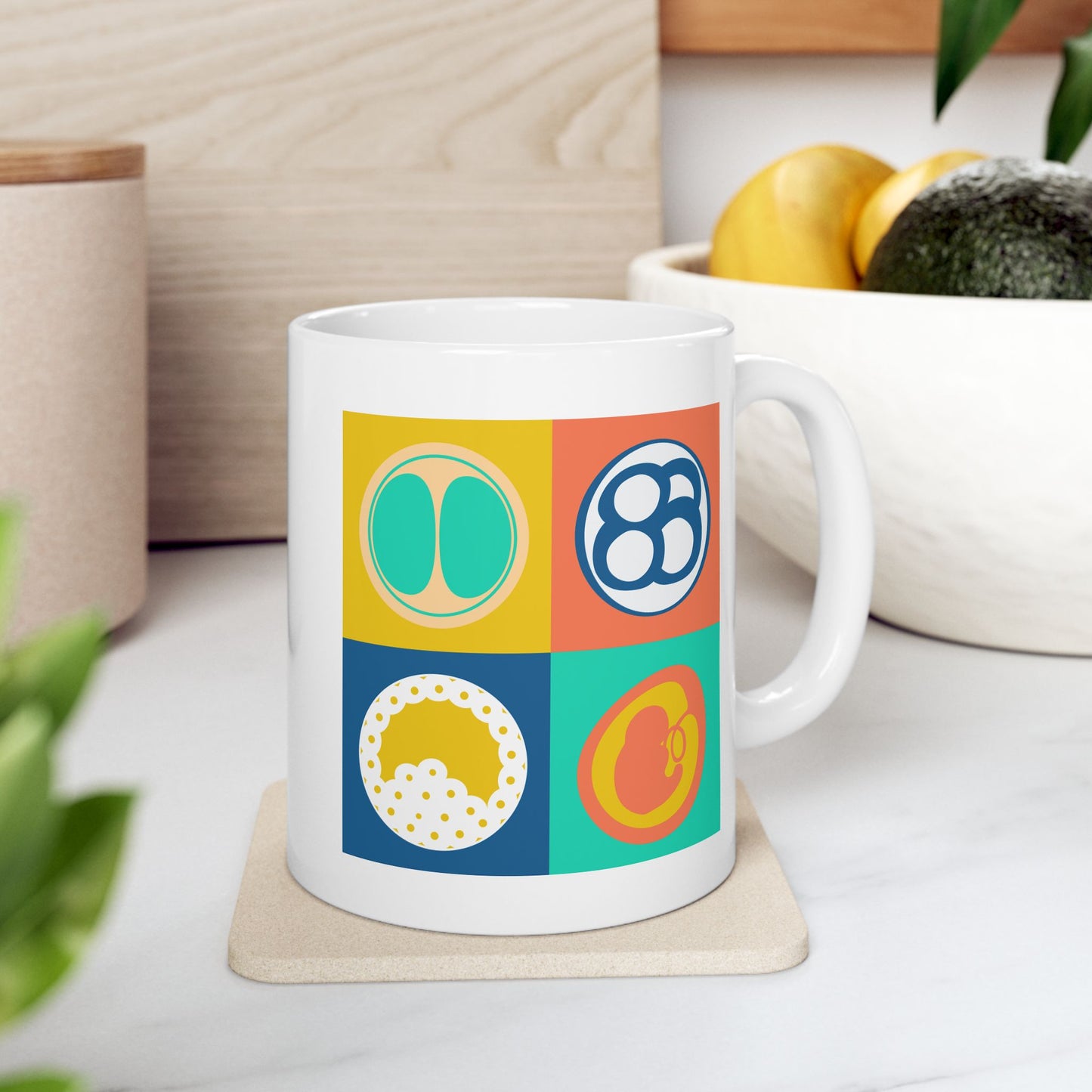 "Colorful Beginnings" White Glossy Mug Shown in Context