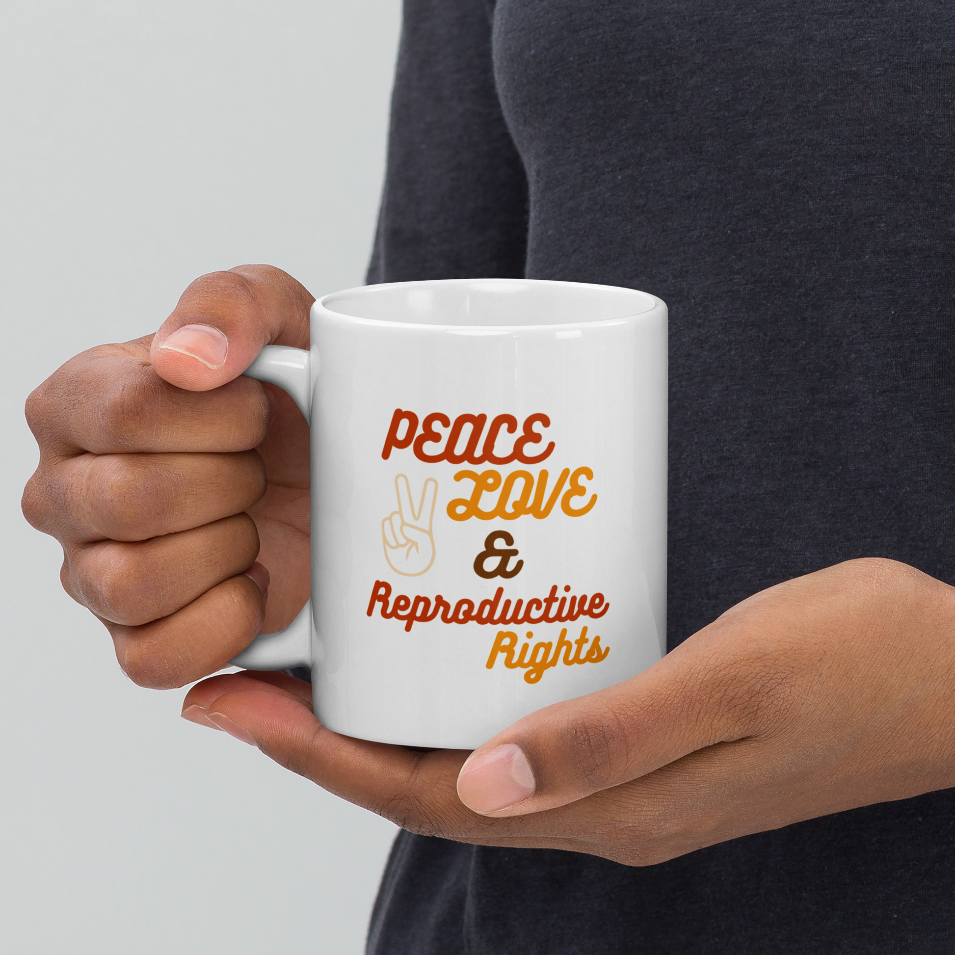 Peace, Love, and Reproductive Rights White Glossy Mug Modeled Handle Left