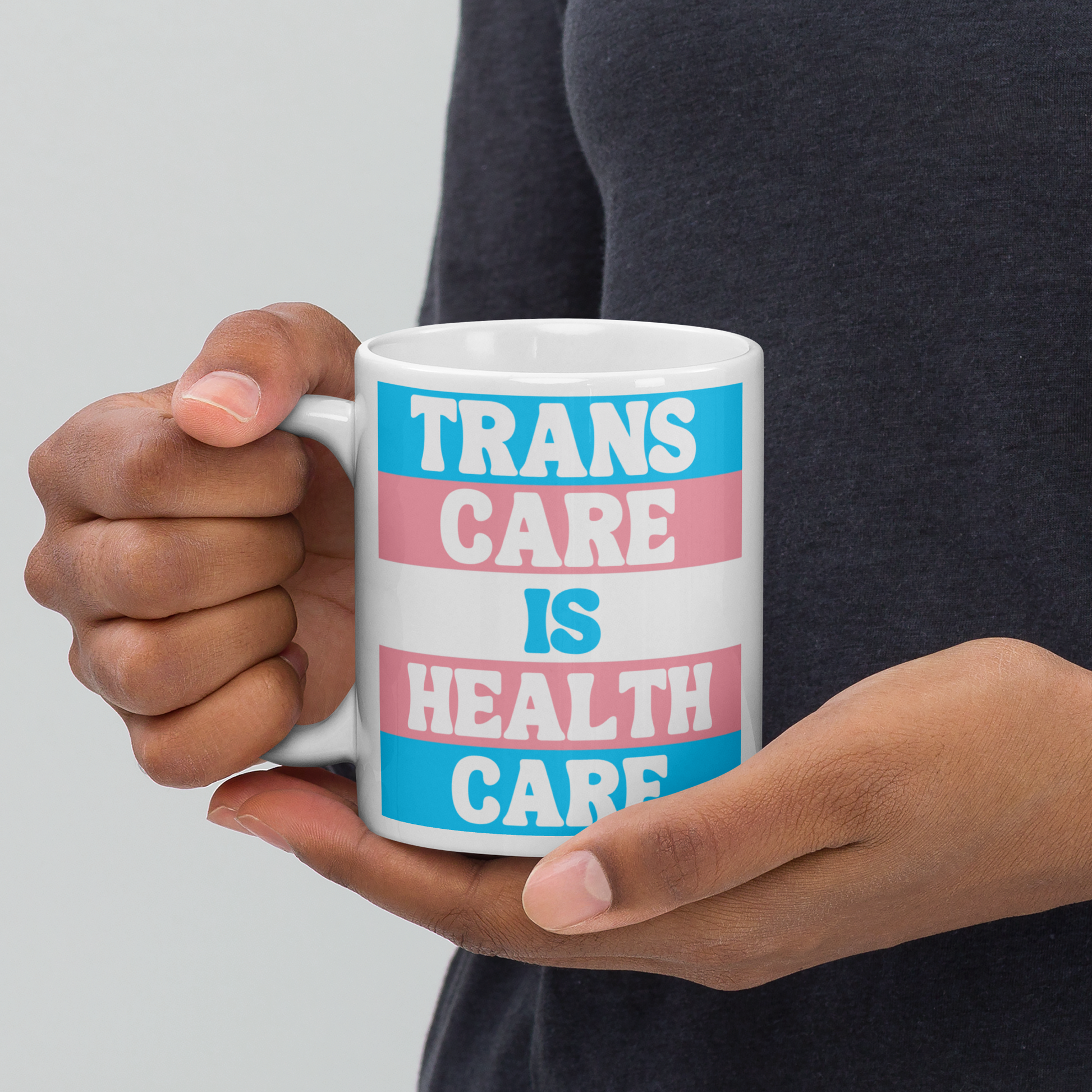 Trans Care is Health Care White Glossy Mug Modeled Handle Left