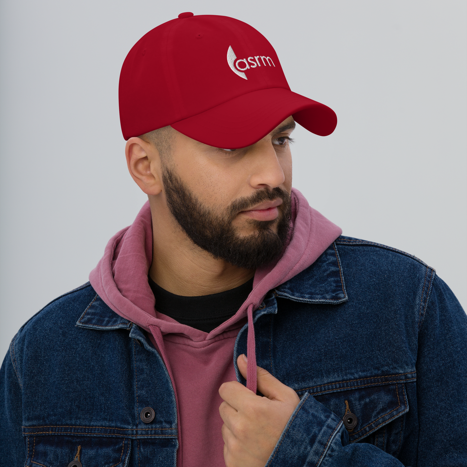 ASRM Logo Embroidered Hat side view modeled in Cranberry