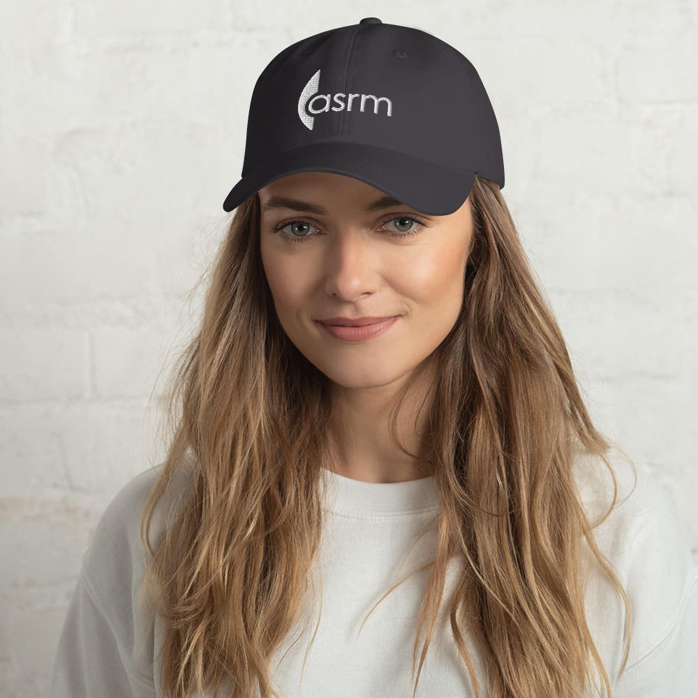 ASRM Logo Embroidered Hat front view modeled in Dark Grey