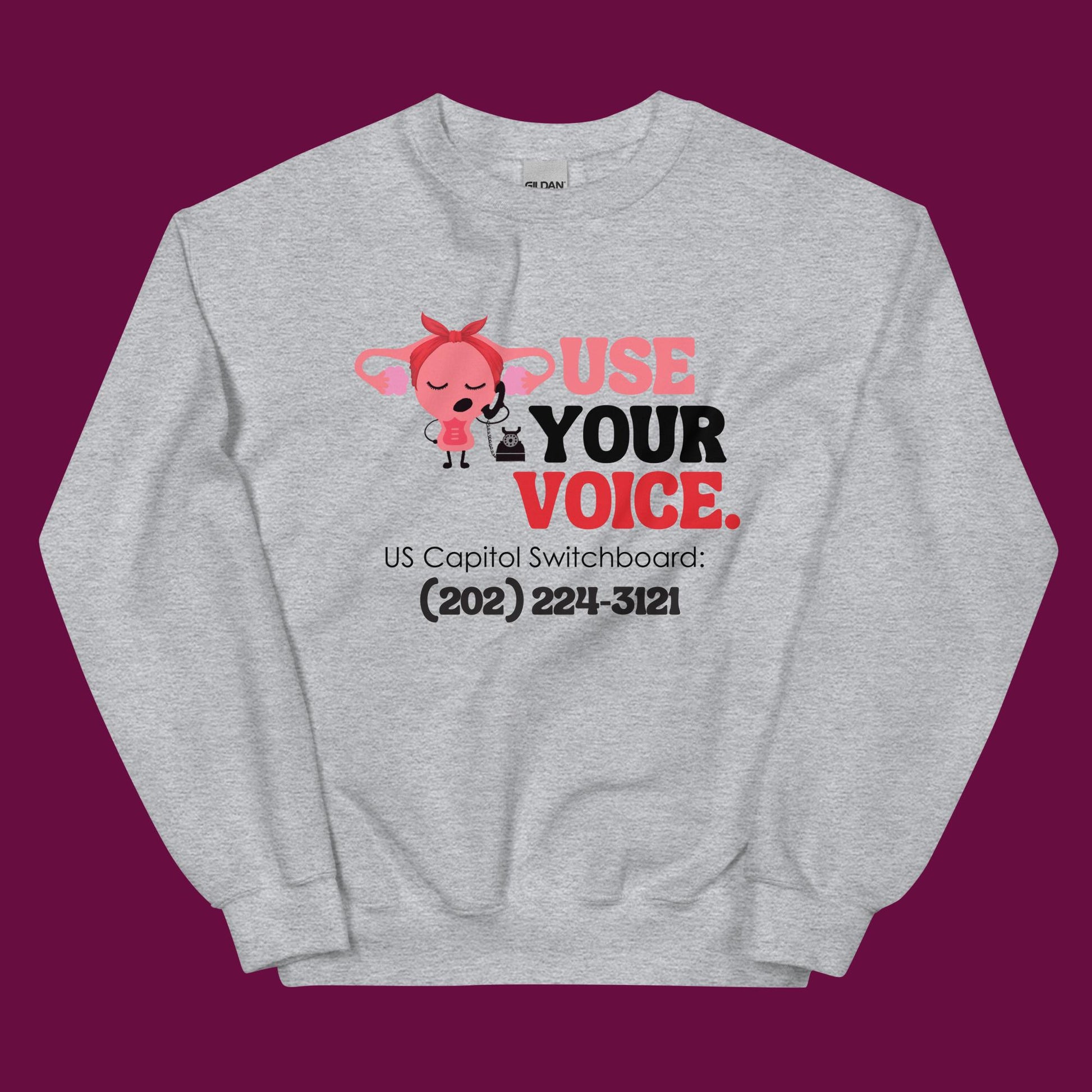 Use Your Voice Reproductive Rights Sweatshirt Hero Image in Sport Grey