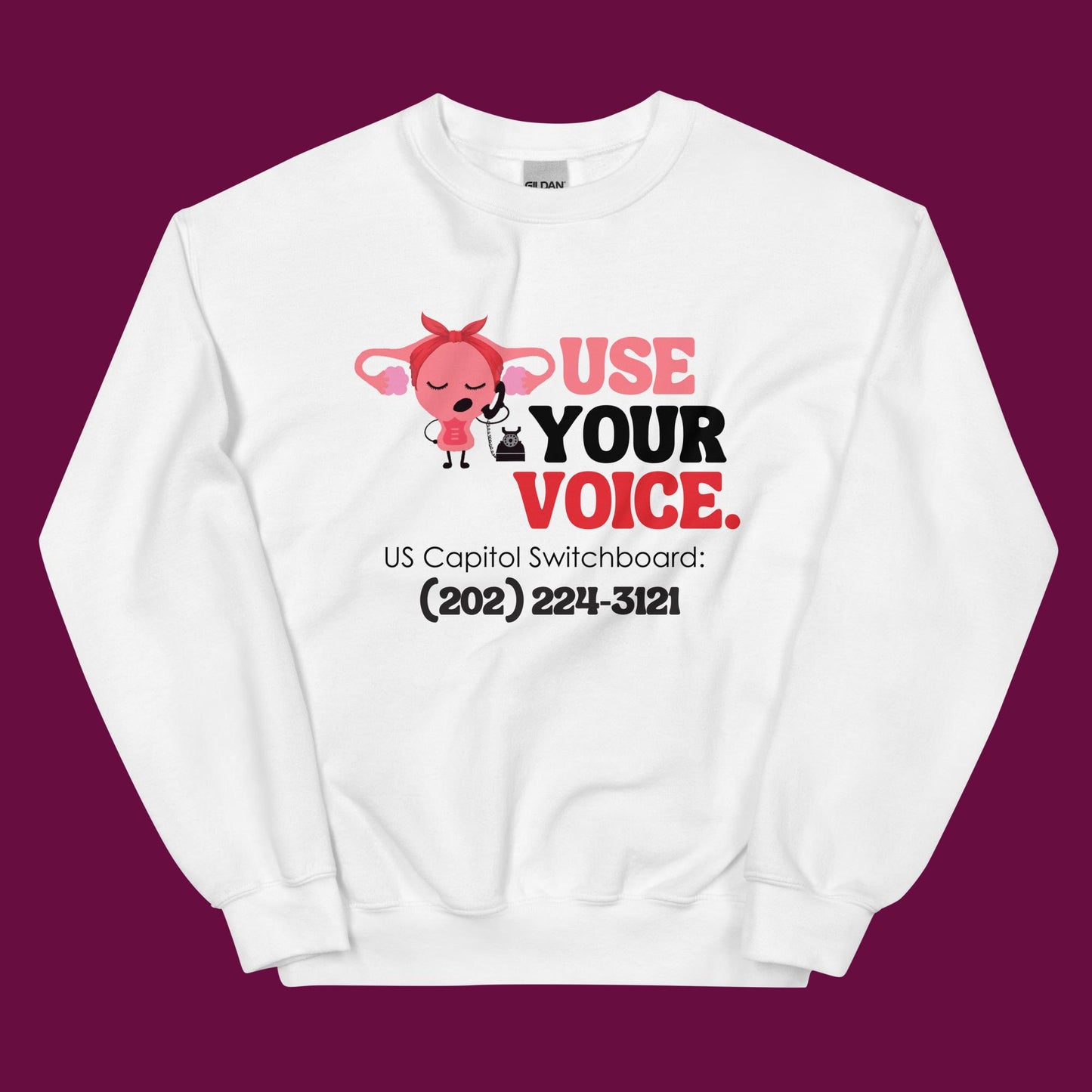 Use Your Voice Reproductive Rights Sweatshirt Modeled Hero Image in White