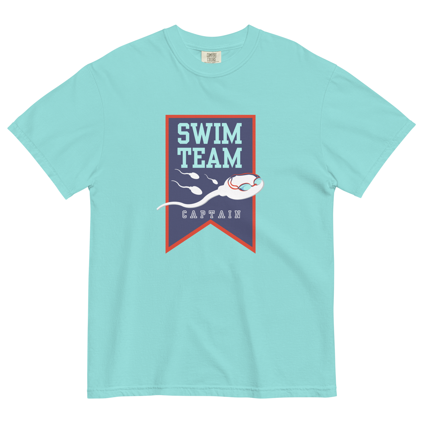 Swim Team Captain Unisex Heavyweight T-Shirt Shown in Lagoon Blue