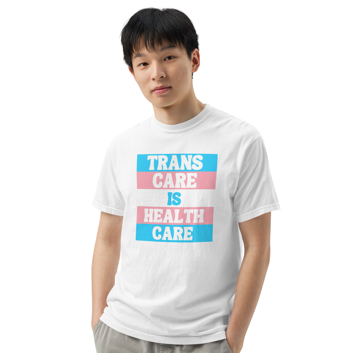 Trans Care is Health Care Unisex T-shirt Modeled on Man
