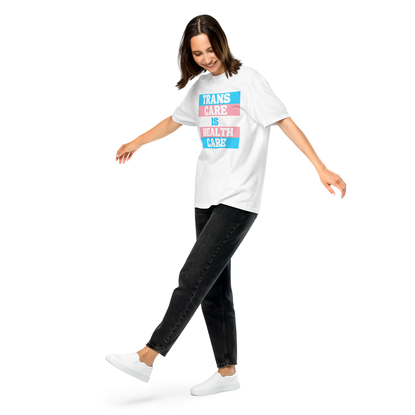 Trans Care is Health Care Unisex T-shirt Modeled on Woman