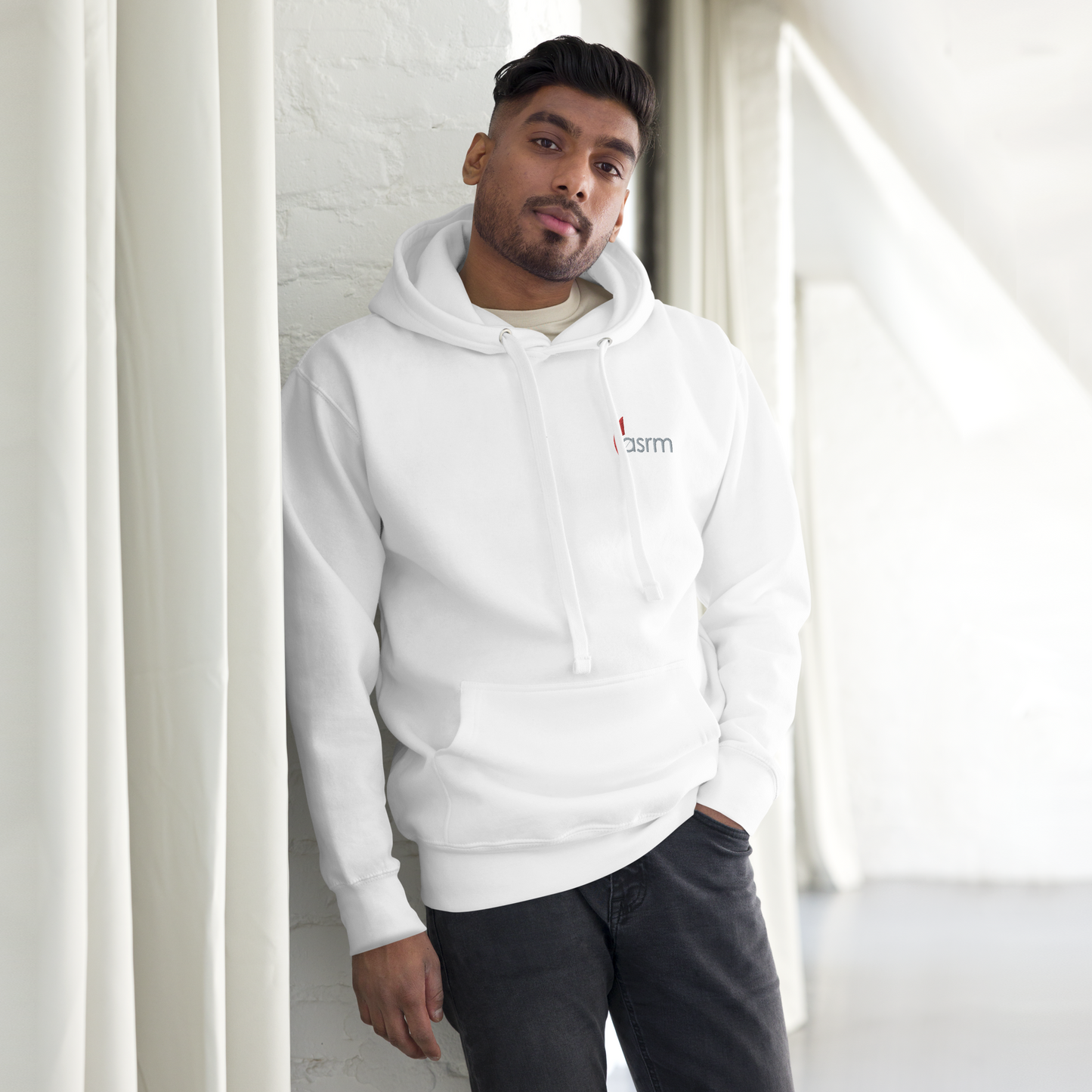 Thick ASRM Logo Embroidered Hoodie, Modeled on Man