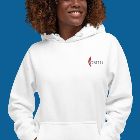 Thick ASRM Logo Embroidered Hoodie Hero Image, Modeled on Woman